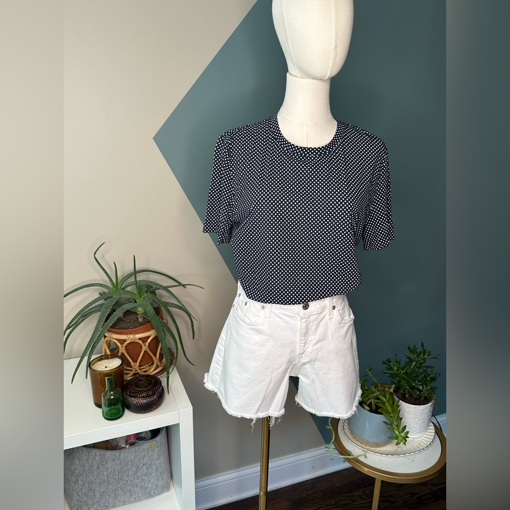 St. John Navy White Polka Dot Stretch Tee Top Size L Fitted Designer Quiet Lux - Picture 3 of 12